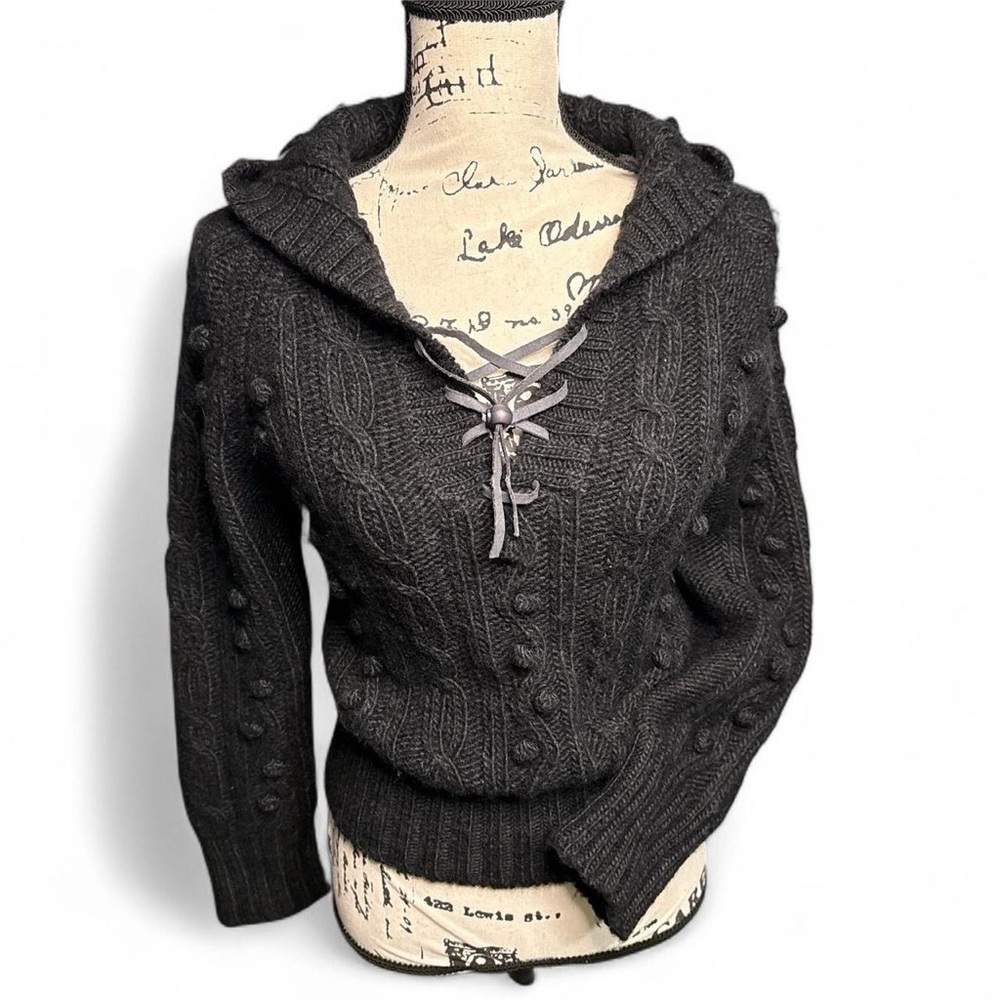 Black Wool Cable Knit Hoodie Sweater Size S Lace-Up V-neck Fisherman